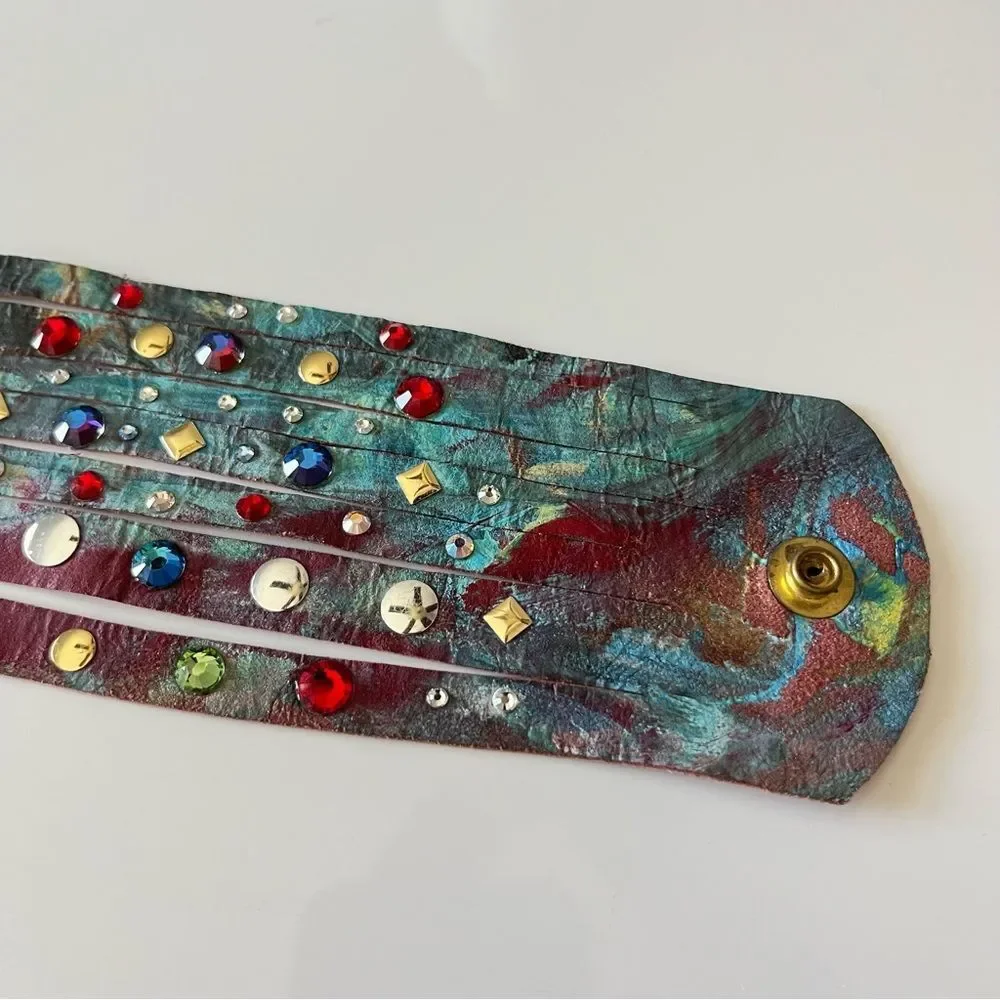 Hand Painted Rhinestone Studded Leather Bracelet